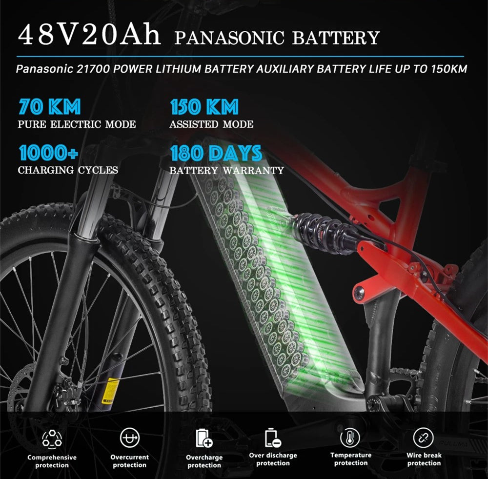 Professional Off-road 27.5 Inches Electric Mountain Bike , UP to 45km/h , 48V 20Ah Large Lithium Battery , Both Hydraulic Disc Brakes , Aluminum Alloy Frame , 27.5 "×2.8" CST Tires , with Pedal Assist System