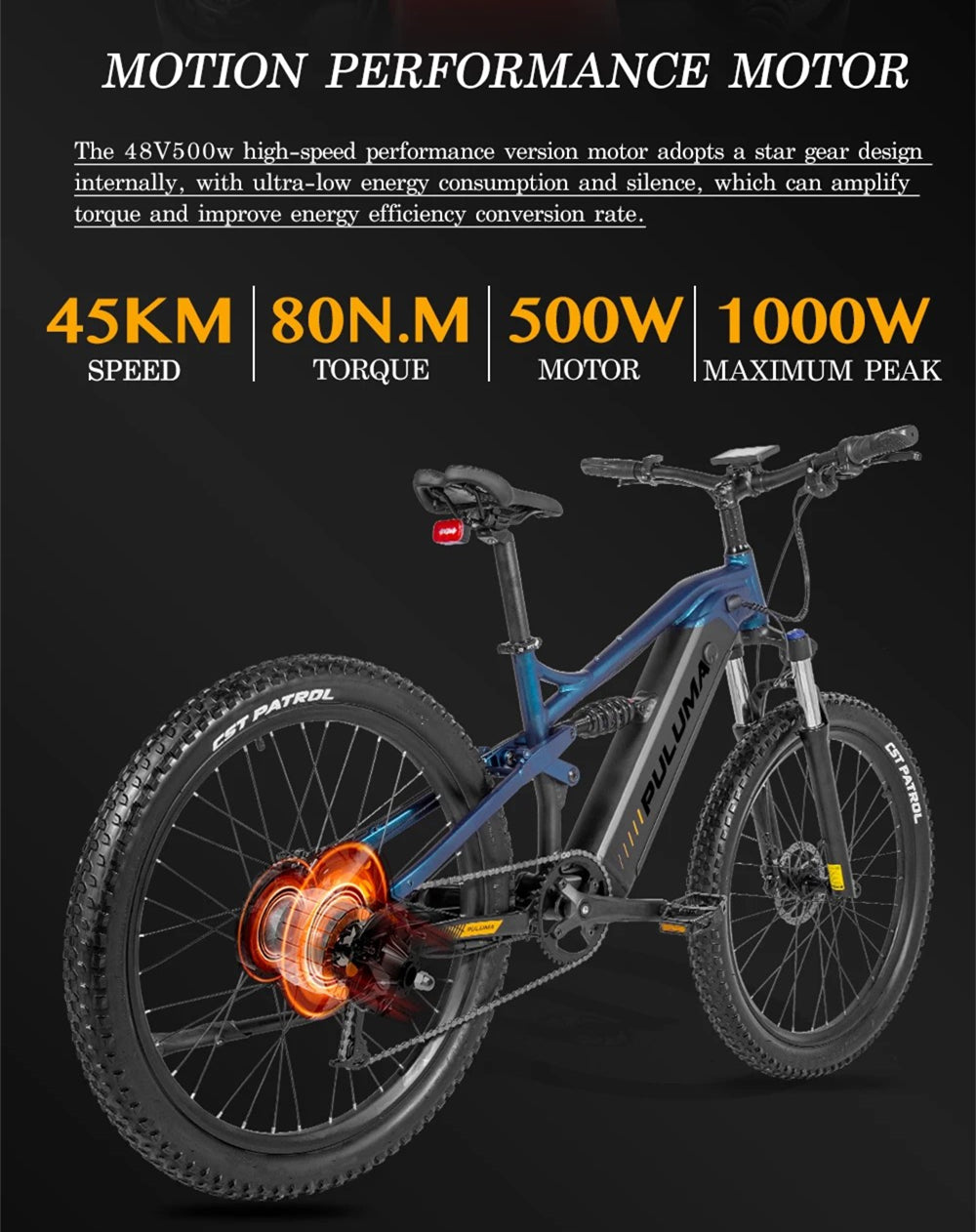 Professional Off-road 27.5 Inches Electric Mountain Bike , UP to 45km/h , 48V 20Ah Large Lithium Battery , Both Hydraulic Disc Brakes , Aluminum Alloy Frame , 27.5 "×2.8" CST Tires , with Pedal Assist System
