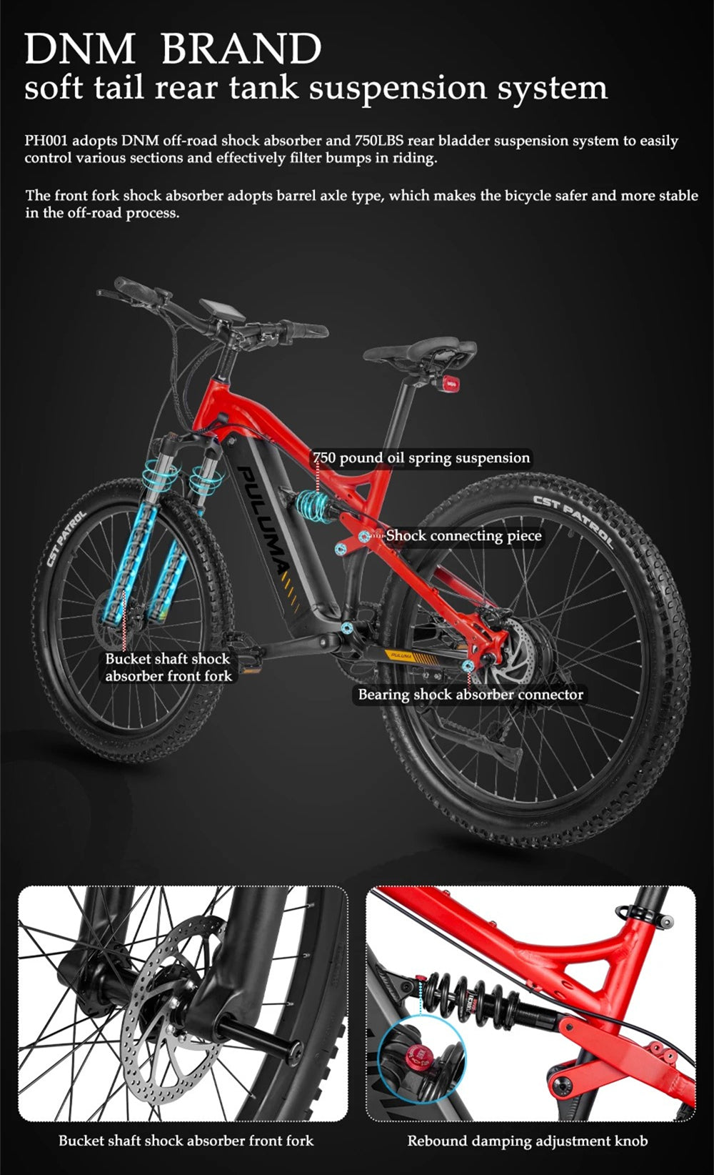 Professional Off-road 27.5 Inches Electric Mountain Bike , UP to 45km/h , 48V 20Ah Large Lithium Battery , Both Hydraulic Disc Brakes , Aluminum Alloy Frame , 27.5 "×2.8" CST Tires , with Pedal Assist System