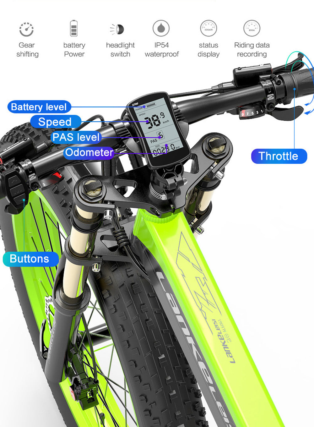 Lankeleisi XT750Plus 1000W Powerful Electric Fat Tire Bike, 5 Level Pedal Assist, 48V 14.5A/17.5A Large Capacity Lithium Battery, adopt Double shoulder suspension downhill fork