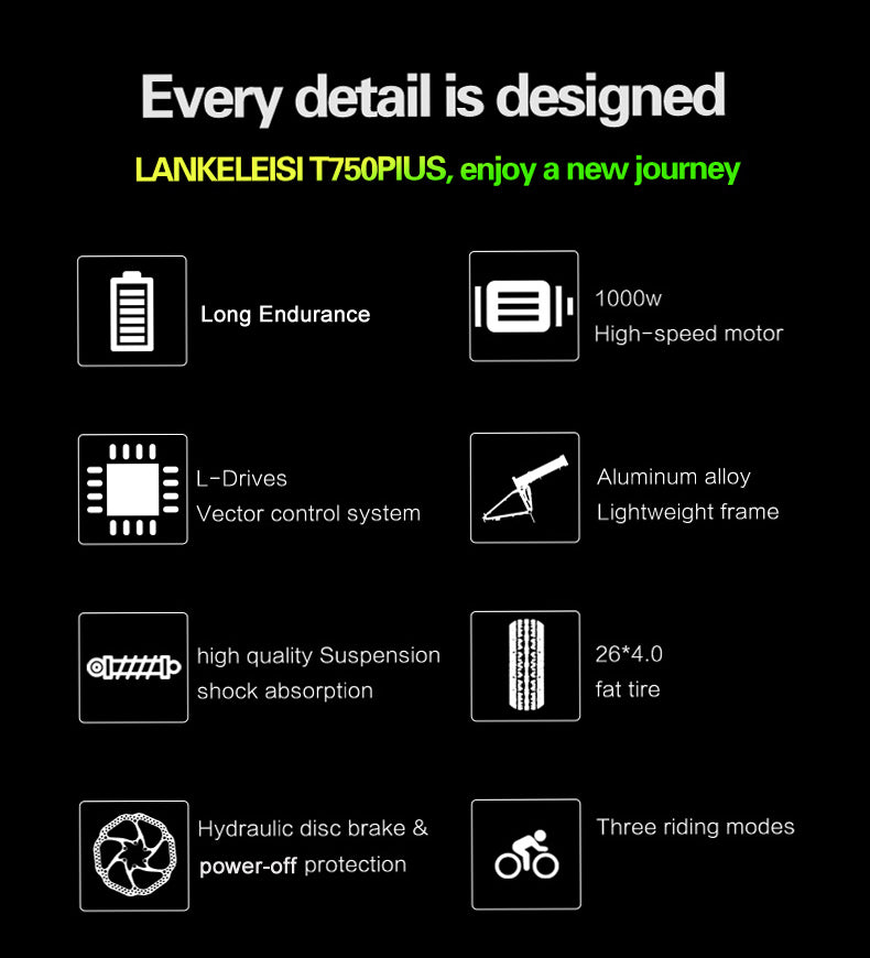 Lankeleisi XT750Plus 1000W Powerful Electric Fat Tire Bike, 5 Level Pedal Assist, 48V 14.5A/17.5A Large Capacity Lithium Battery, adopt Double shoulder suspension downhill fork
