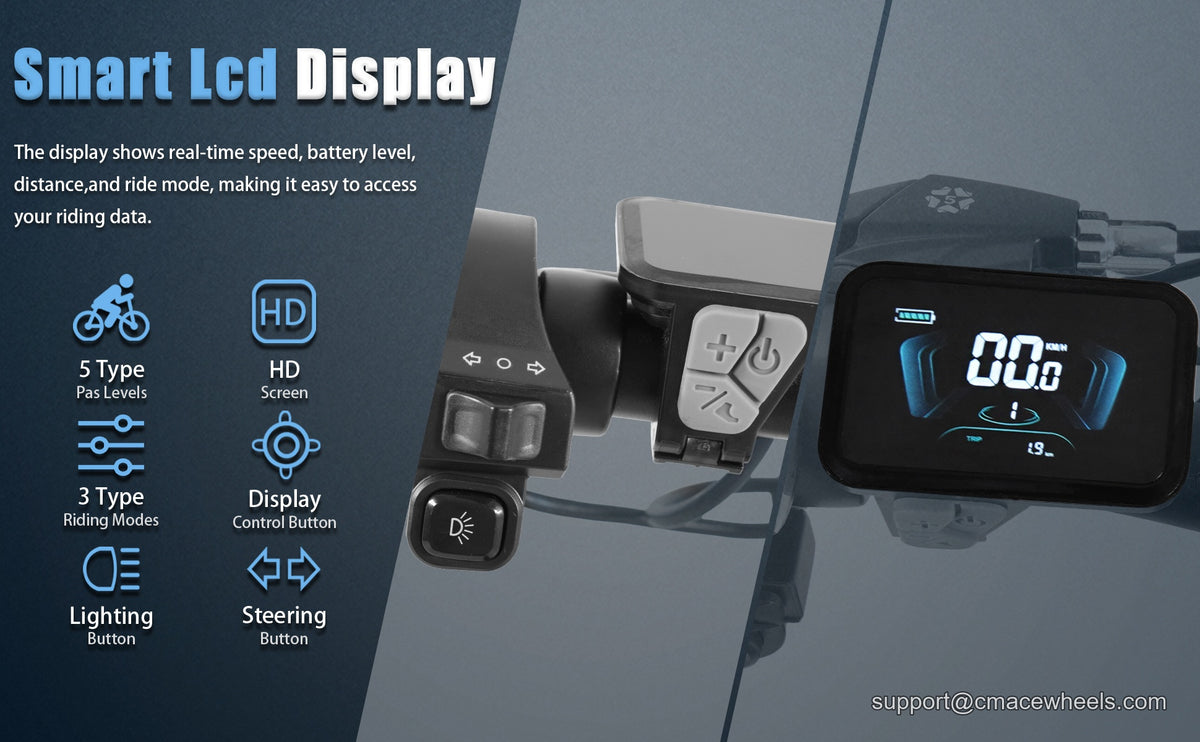 CMACEWHEEL Y20 PRO smart HD LCD display showing speed, battery level, and mileage
