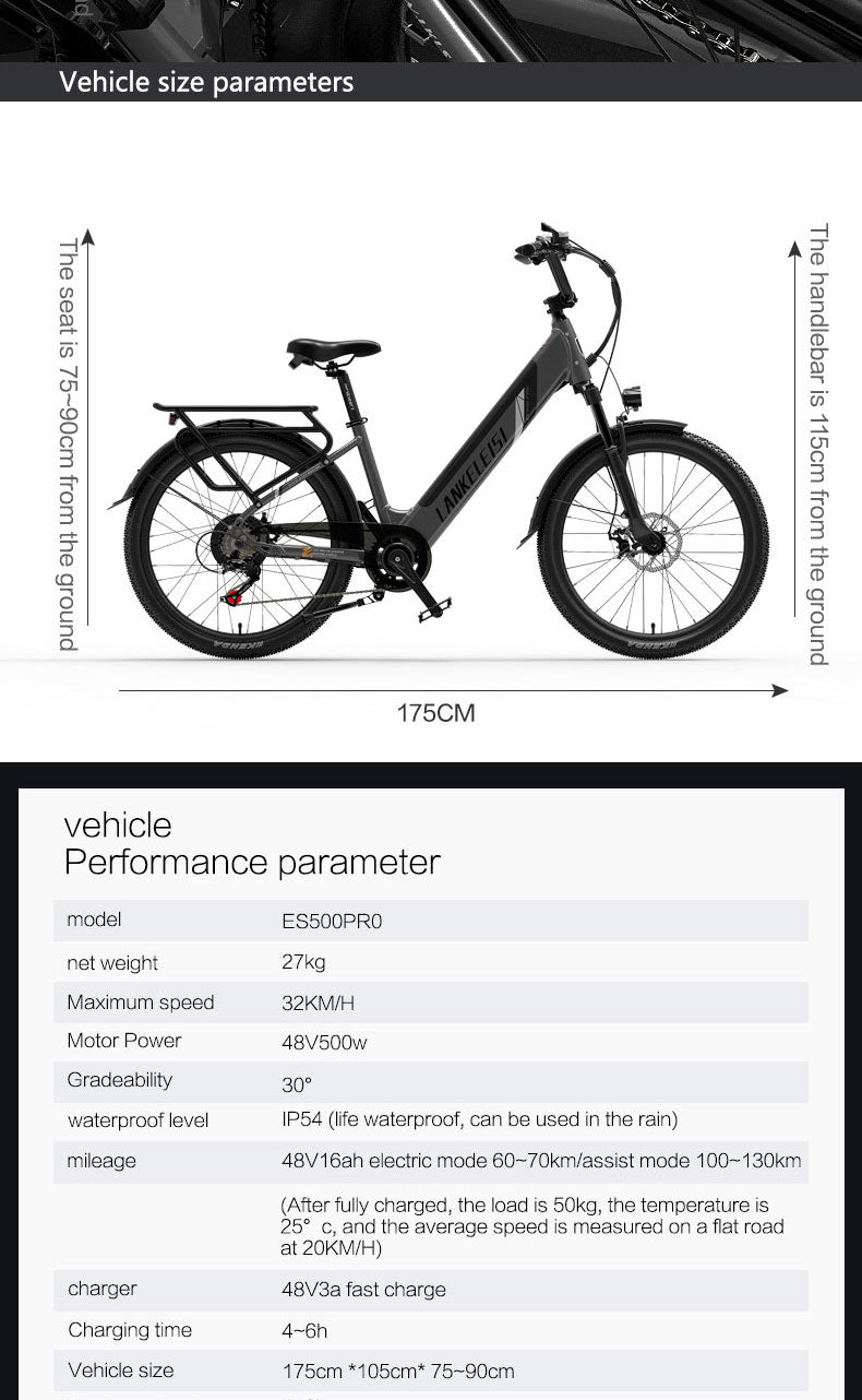 ES500 Pro 500W 48V 16Ah 130Km Uthållighet 24 tum Borstlös Motor Urban Electric Bike Dual Disc Brakes 32km/h Max Speed City Bik