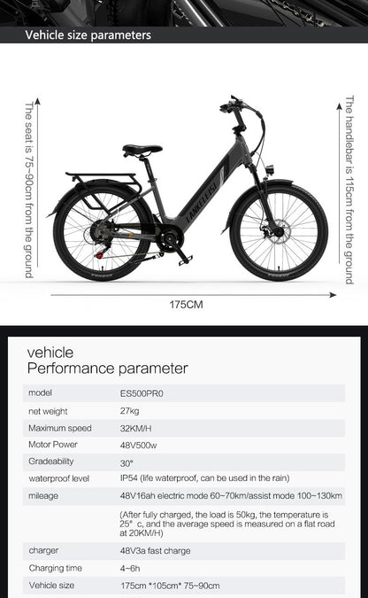 ES500 Pro 500W 48V 16Ah 130Km Uthållighet 24 tum Borstlös Motor Urban Electric Bike Dual Disc Brakes 32km/h Max Speed City Bik