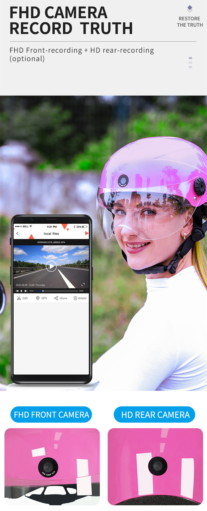 AI Smart Helmet with Front & Rear HD Built-in Camera, Bluetooth Calling and WIFI, Support Phone APP Live Check (ang.). Save and Share (ang.)